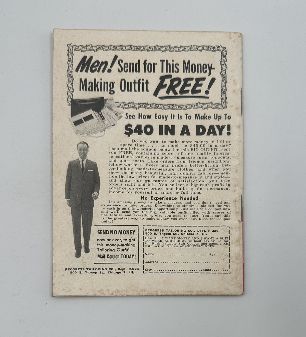 Back advertisement of Jet Magazine January 5, 1961 promoting a money-making outfit opportunity, targeting men interested in earning income easily.