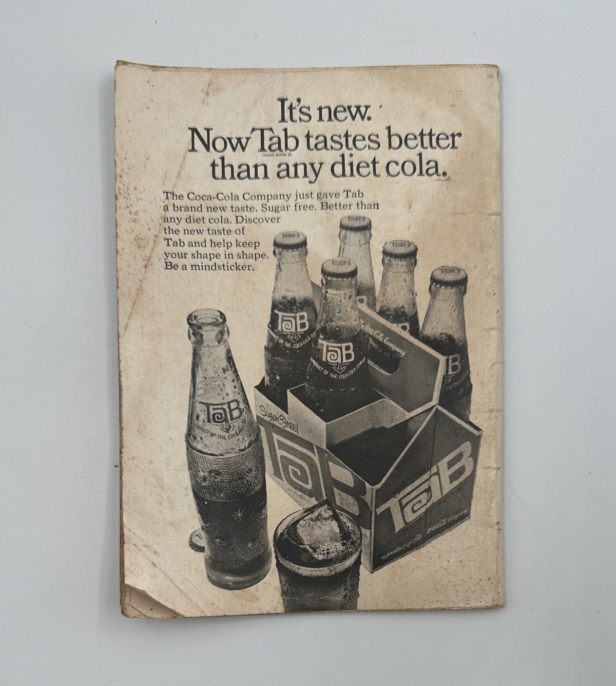 Back cover of Jet Magazine March 7, 1968 advertising Tab soda, emphasizing its new taste as better than any diet cola, with images of Tab bottles.