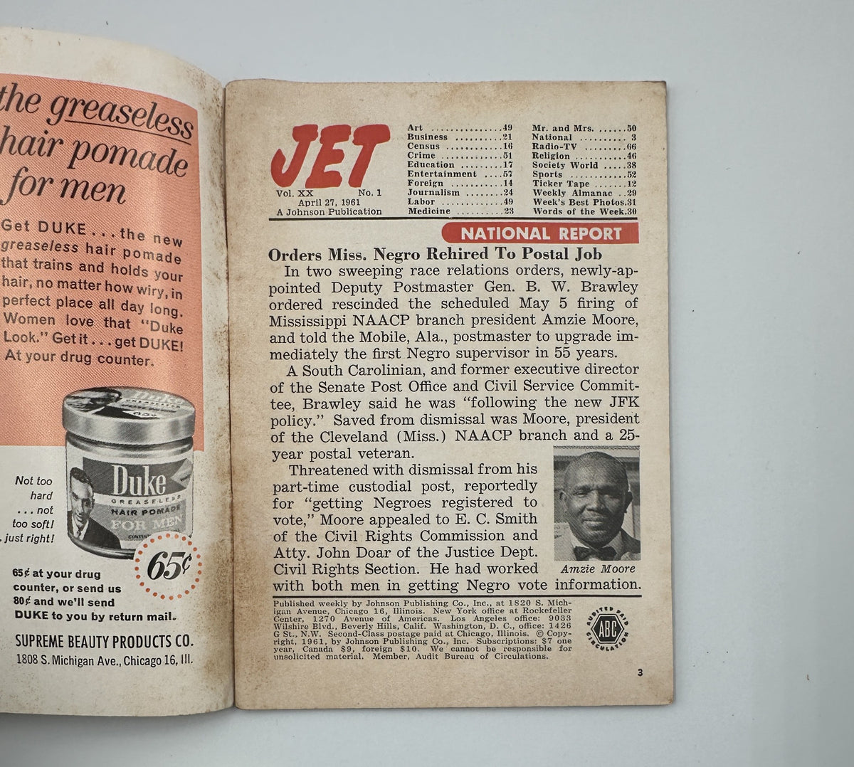 Interior page of Jet Magazine from April 27, 1961 detailing a National Report on the appointment of a new Deputy Postmaster General, highlighting the significance of civil service in addressing racial equality.