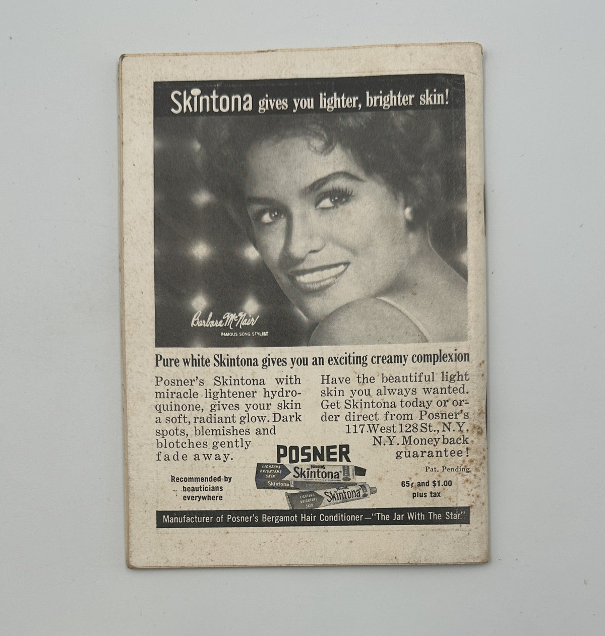 Vintage advertisement featuring Skintona moisturizer, promoting lighter and brighter skin, illustrated by a woman's portrait, from Jet Magazine April 27, 1961 with Lena Horne on the cover.