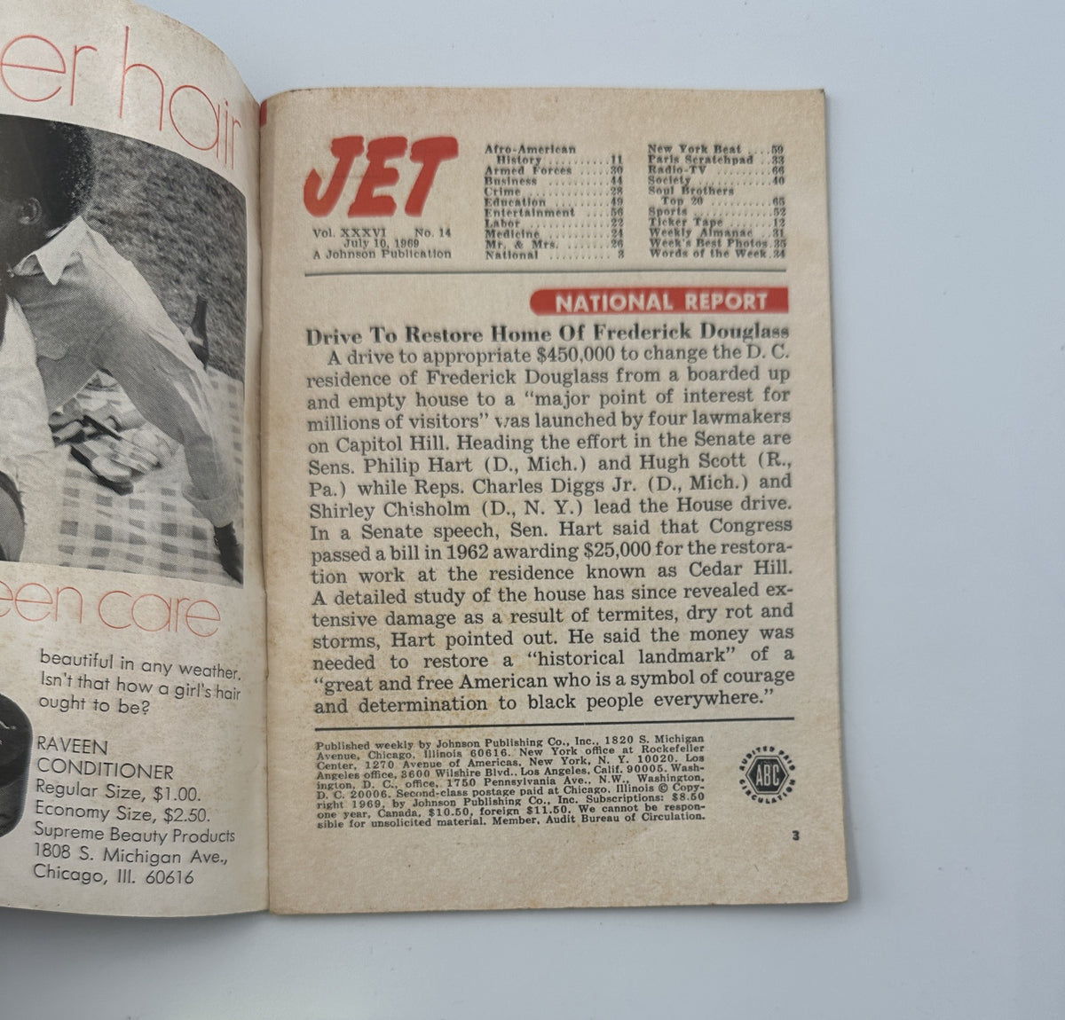 Inside page of Jet Magazine July 10, 1969 featuring an article about the National Report on the restoration of Frederick Douglass Memorial in Washington, D.C.