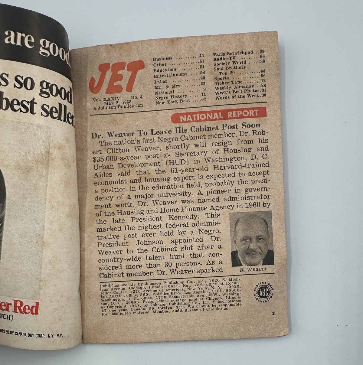Interior page of Jet Magazine dated May 2, 1968, showcasing a National Report about Dr. Weaver, the first Negro cabinet member, along with details of his appointment by President Johnson.