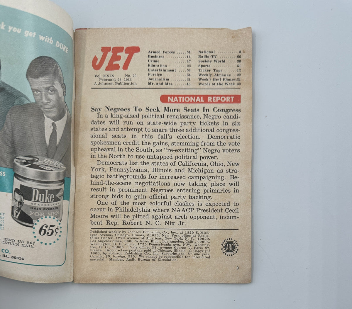 Inside page of Jet Magazine from February 24, 1966, titled 'National Report' discussing the importance of African American representation in Congress.