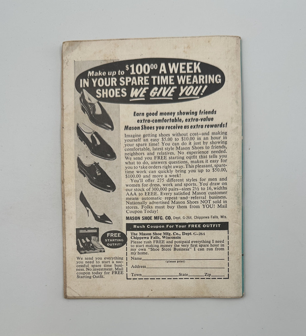 Back cover of Jet Magazine from February 24, 1966 featuring an advertisement for Mason Shoe Co., promoting earning opportunities through shoe sales.