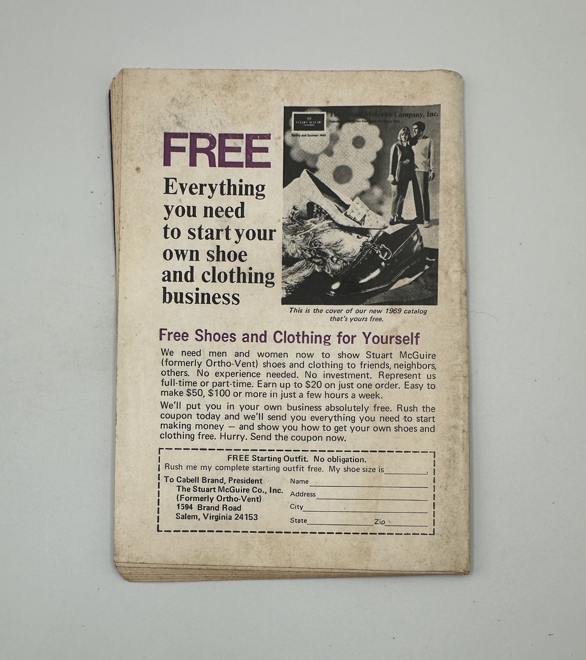 Reverse side of Jet Magazine April 10, 1969 featuring an advertisement for starting a shoe and clothing business, highlighting free shoes and clothes for new entrepreneurs.