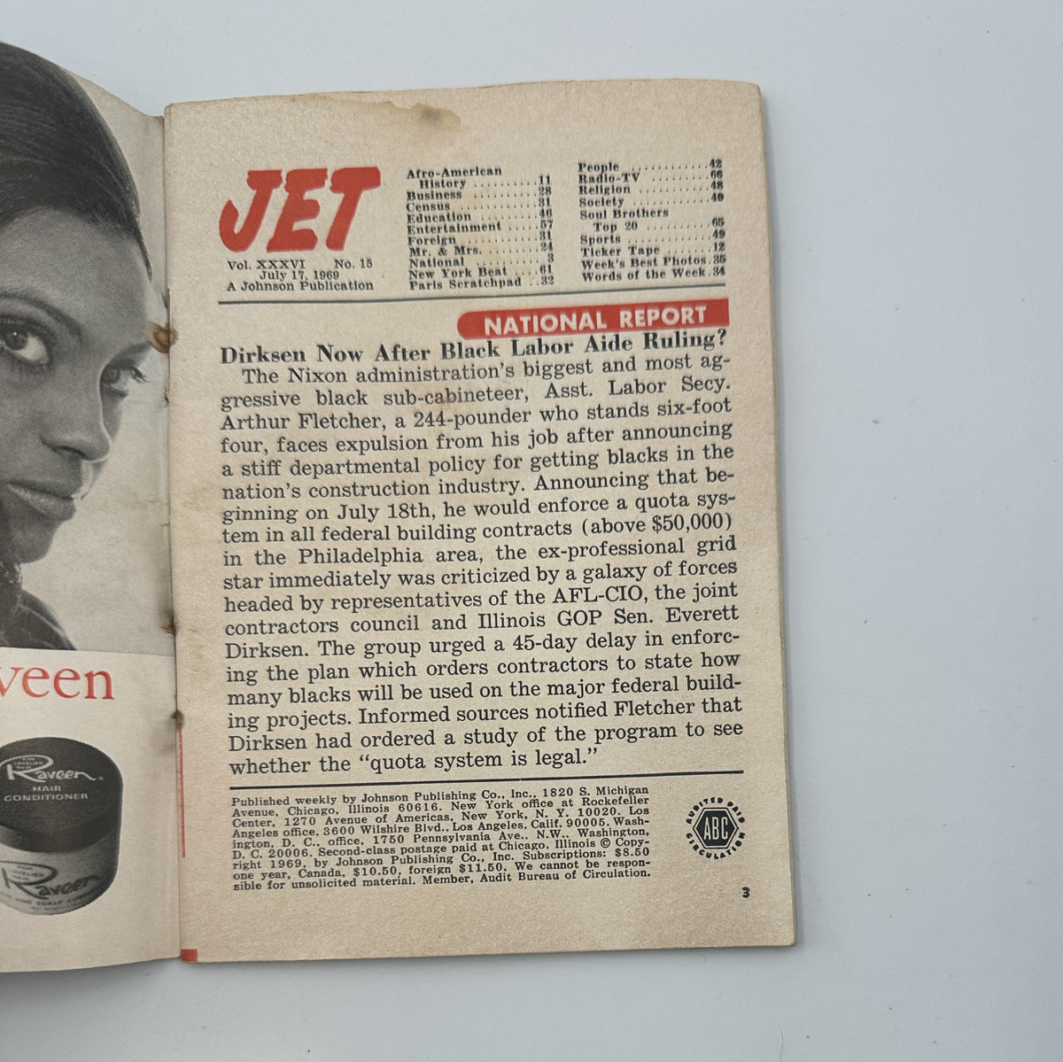 Jet Magazine July 17, 1969 cover featuring Wilma Rudolph, highlighting the Cairo Boycott and Afro-American history with visible wear and tear, including creases and small tears.