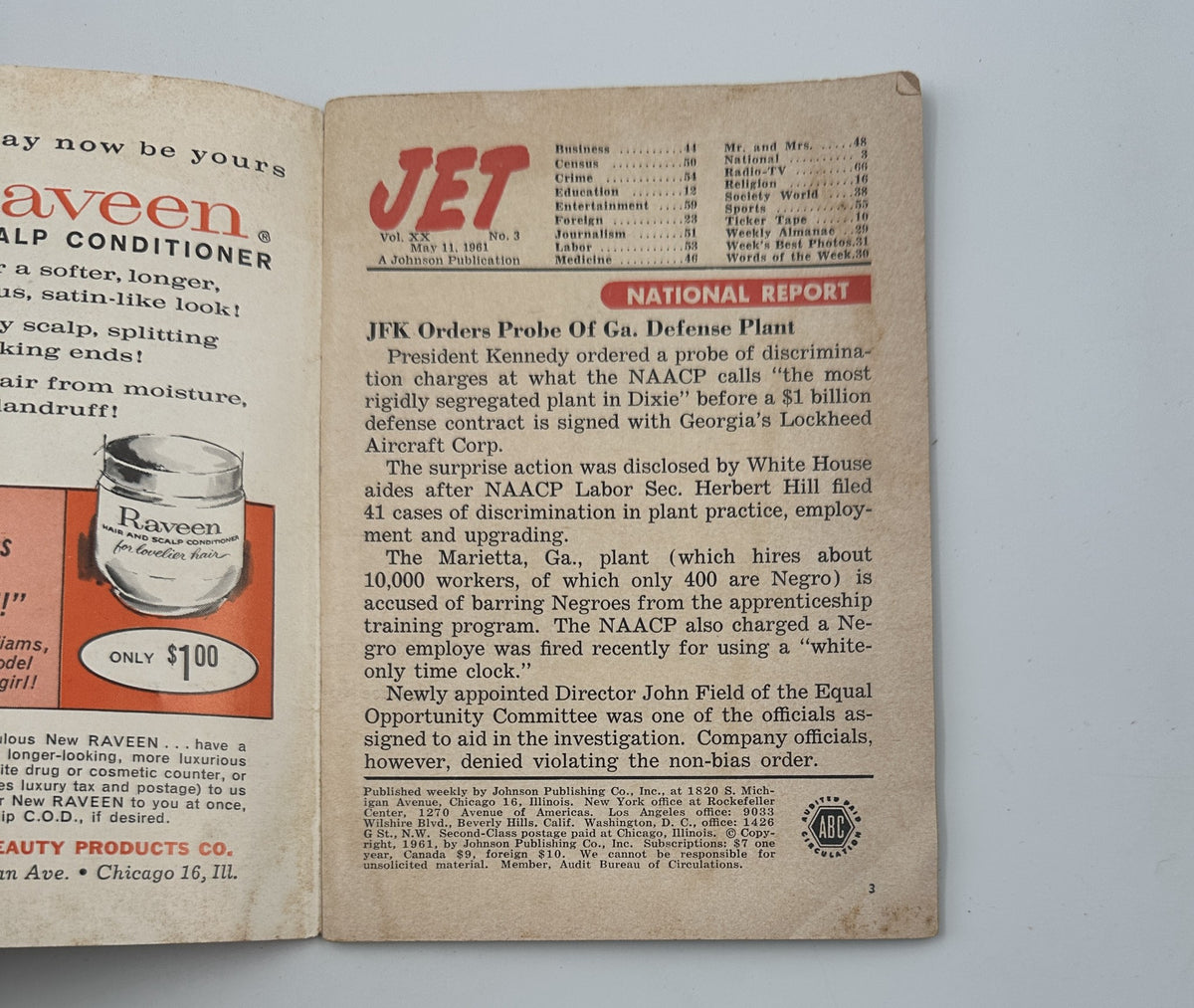 Interior page of Jet Magazine from May 11, 1961, reporting on JFK's order for a defense plan, showcasing the magazine's historical context and journalism.