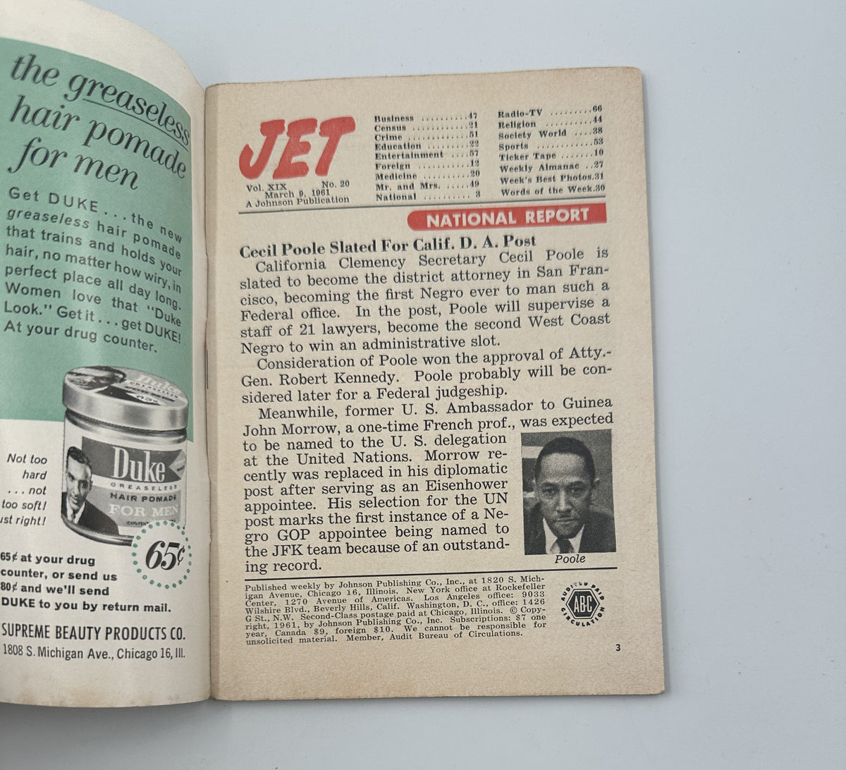 Inside page of Jet Magazine, March 9, 1961, displaying a National Report article about Cecil Poole and district attorney appointments.