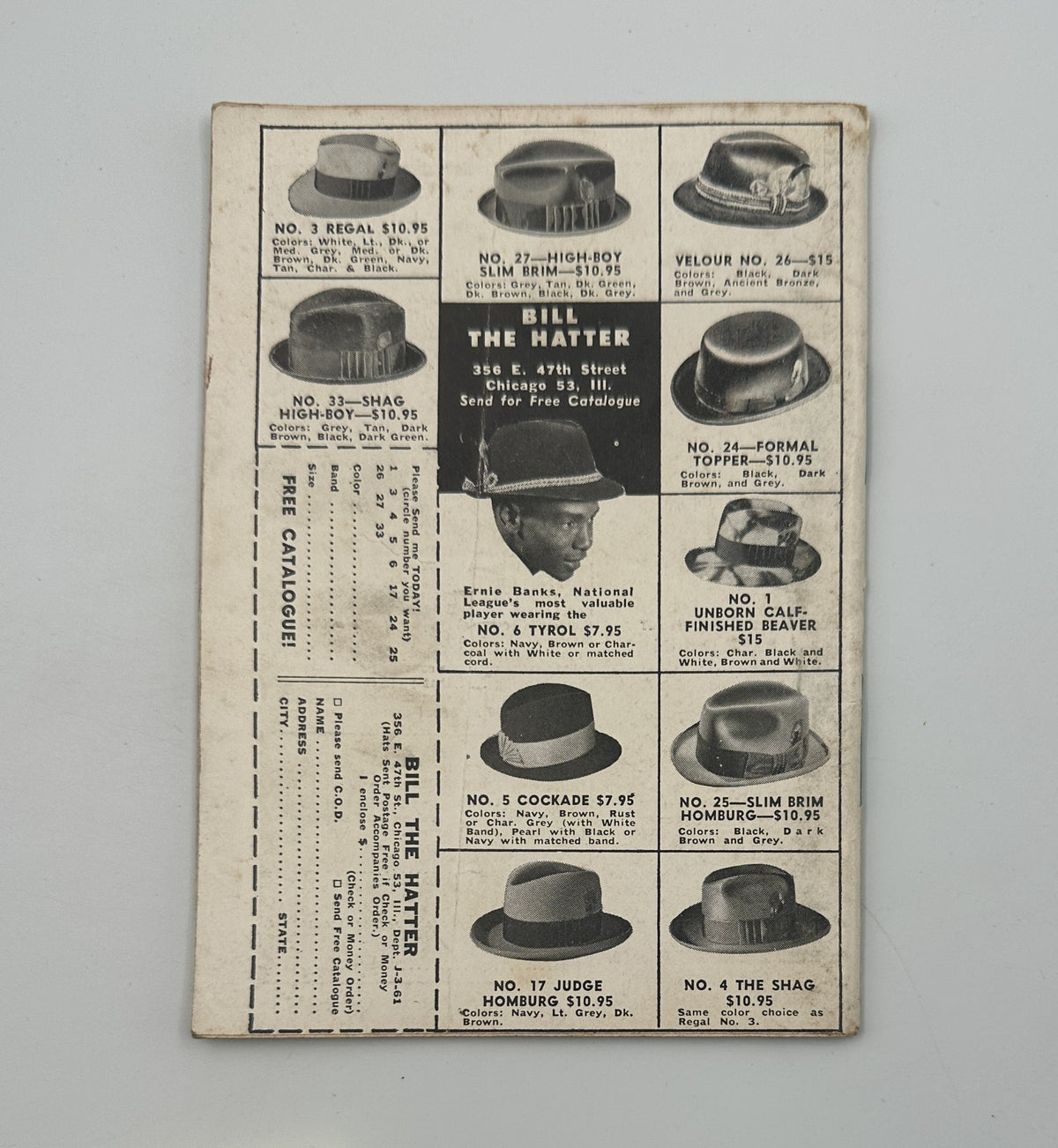 Back cover of Jet Magazine, March 9, 1961, featuring an advertisement for hats from Bill the Hatter.
