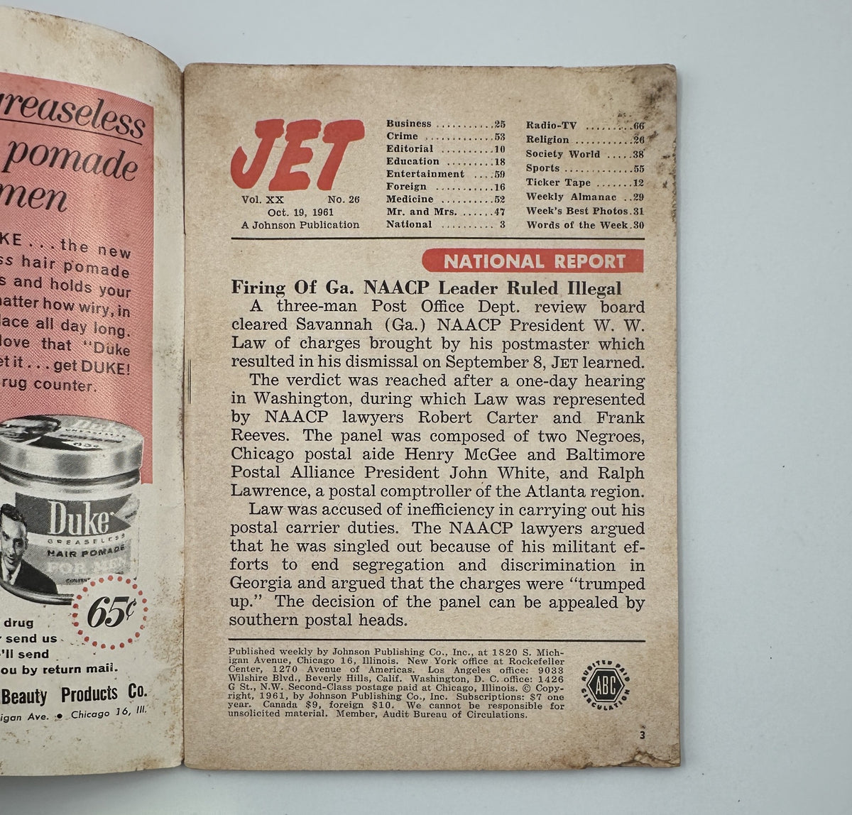 National Report from Jet Magazine October 19, 1961 featuring the firing of NAACP leader Ruled Illegal, highlighting important civil rights issues.