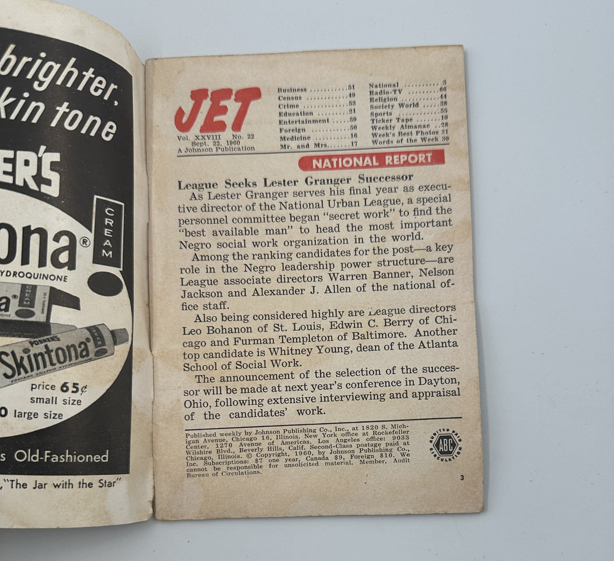 Inside page of Jet Magazine September 22, 1960 showing the National Report section, discussing key candidates for Urban League leadership and social work initiatives.