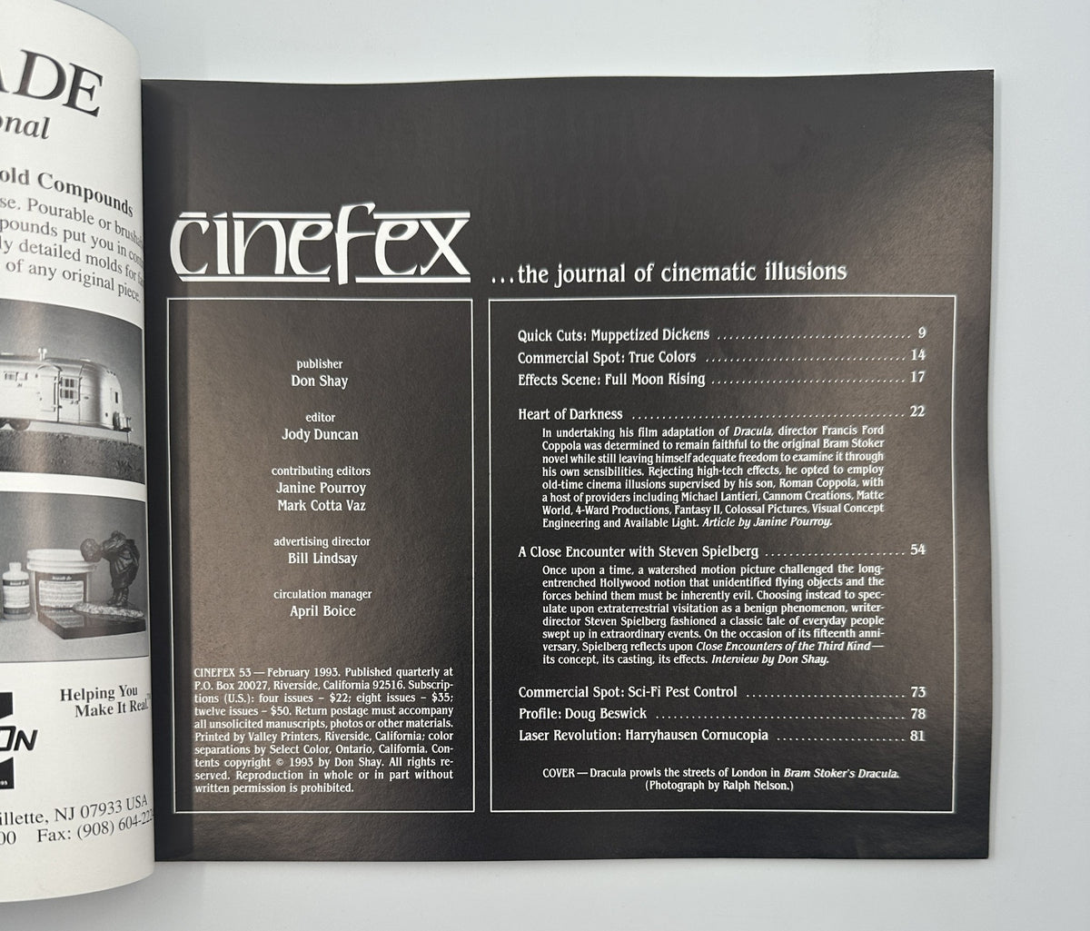 Interior page of Cinefex Magazine February 1993 No. 53, showcasing the Table of Contents including articles on Bram Stoker’s Dracula and Steven Spielberg.