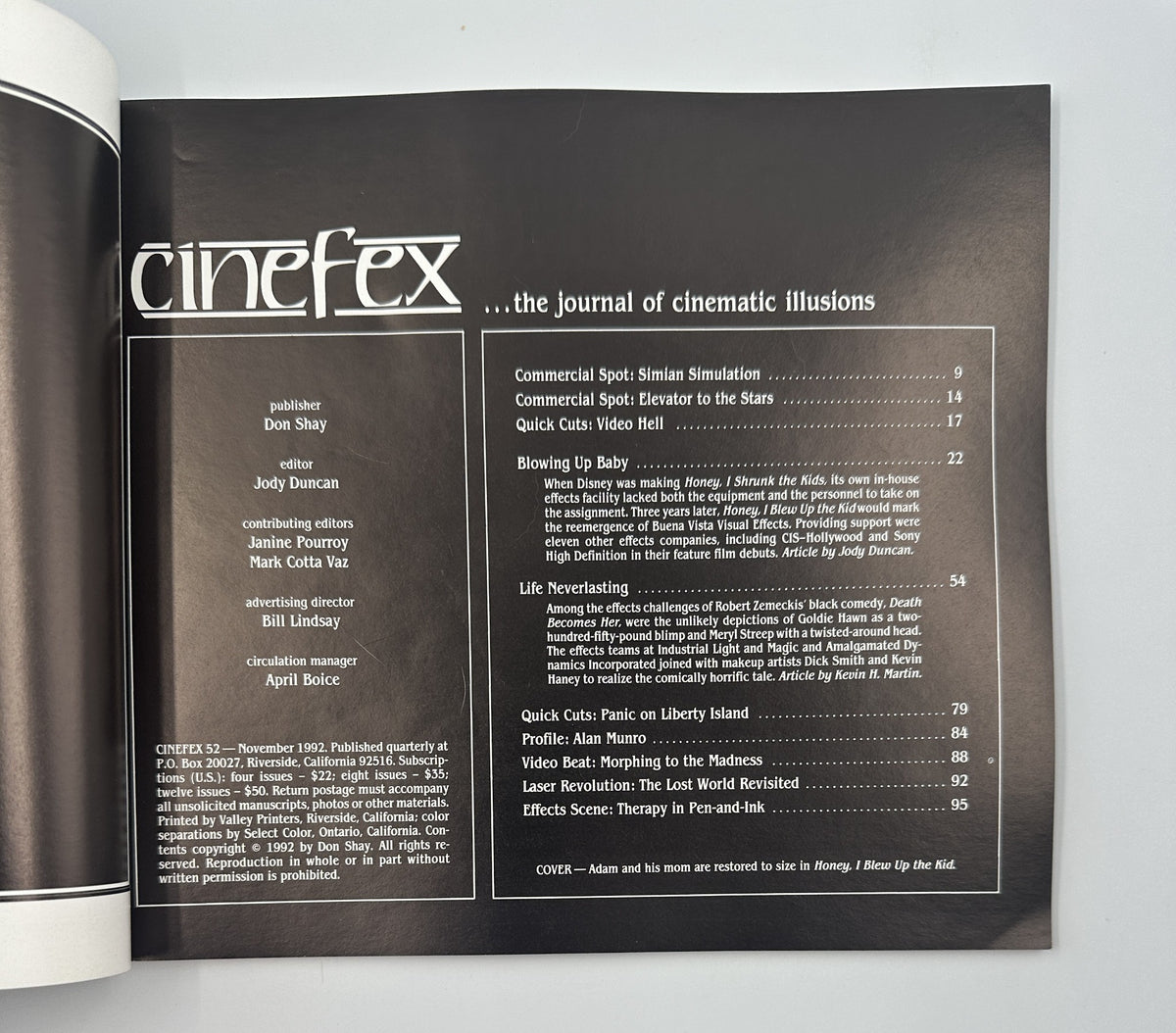 Interior page of Cinefex Magazine No. 52, showcasing the Table of Contents with articles related to visual effects and cinematics, including 'Honey I Blew Up the Kid'.