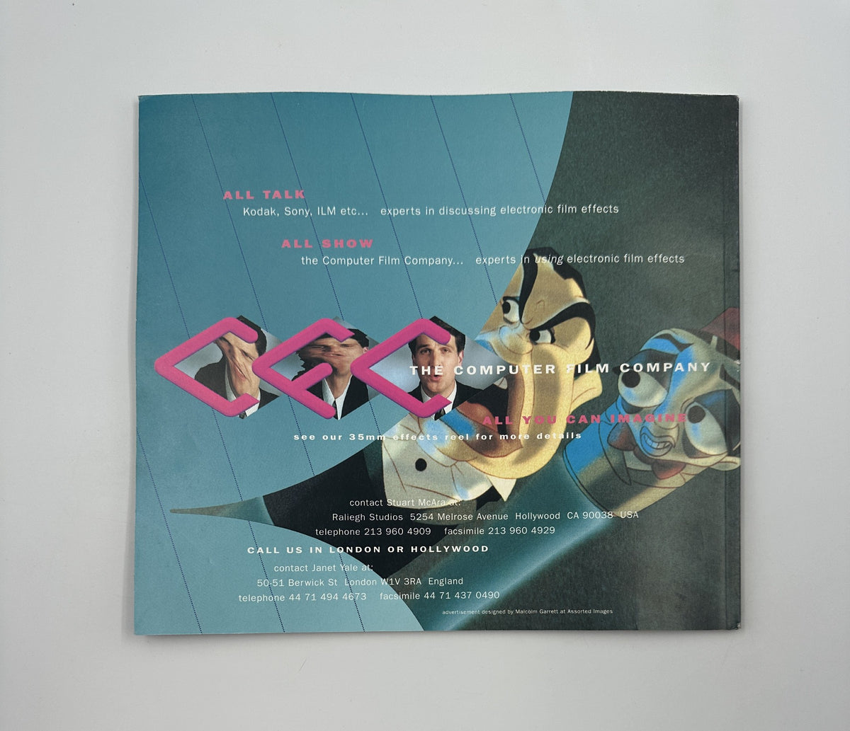 Back cover of Cinefex Magazine August 1992 No. 51 showcasing an advertisement for The Computer Film Company with animated character graphics.