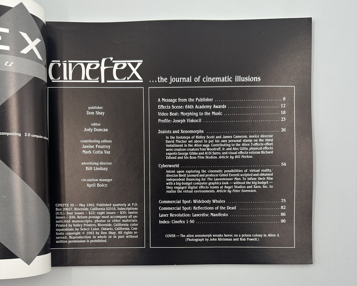 Table of contents from Cinefex Magazine May 1992 No. 50, featuring articles on Alien 3 and Cyberworld, along with a message from the publisher.