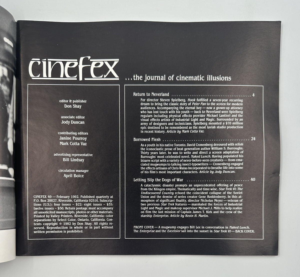 Cinefex Magazine February 1992 No. 49 - Table of Contents featuring articles on Hook, Naked Lunch, and Star Trek VI - showcasing the magazine's editorial layout.