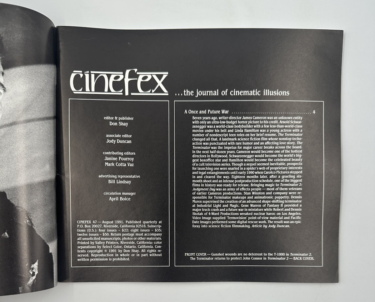 Cinefex Magazine August 1991 No. 47 interior page showcasing the table of contents for articles, including 'A Once and Future War'.