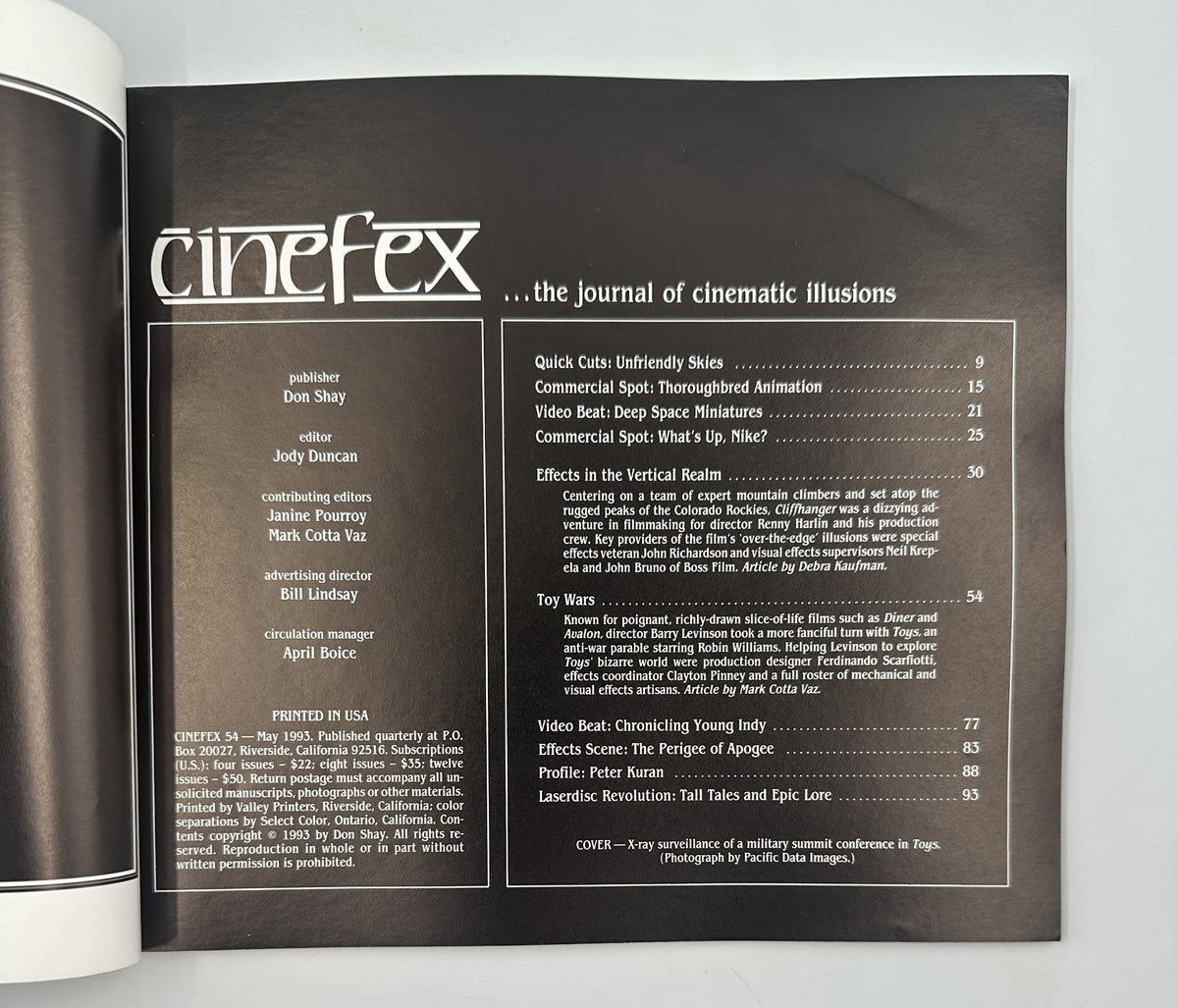Inside page of Cinefex Magazine May 1993 No. 54 displaying the table of contents, highlighting articles like 'Quick Cuts: Unfriendly Skies' and 'Toy Wars'.