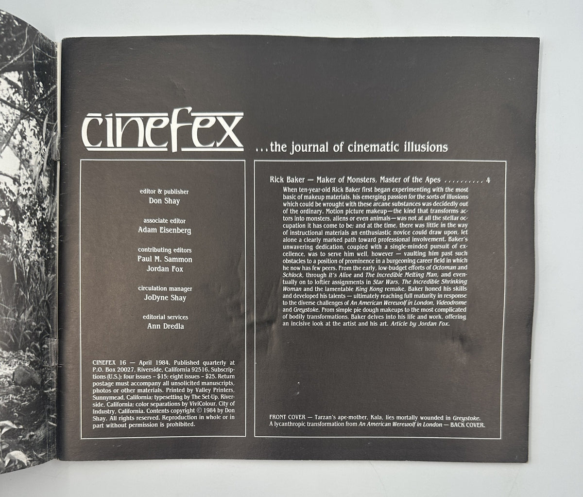 Cinefex Magazine April 1984 No. 16 featuring Rick Baker's article 'Maker of Monsters, Master of the Apes.' The page shows magazine details and editorial credits.