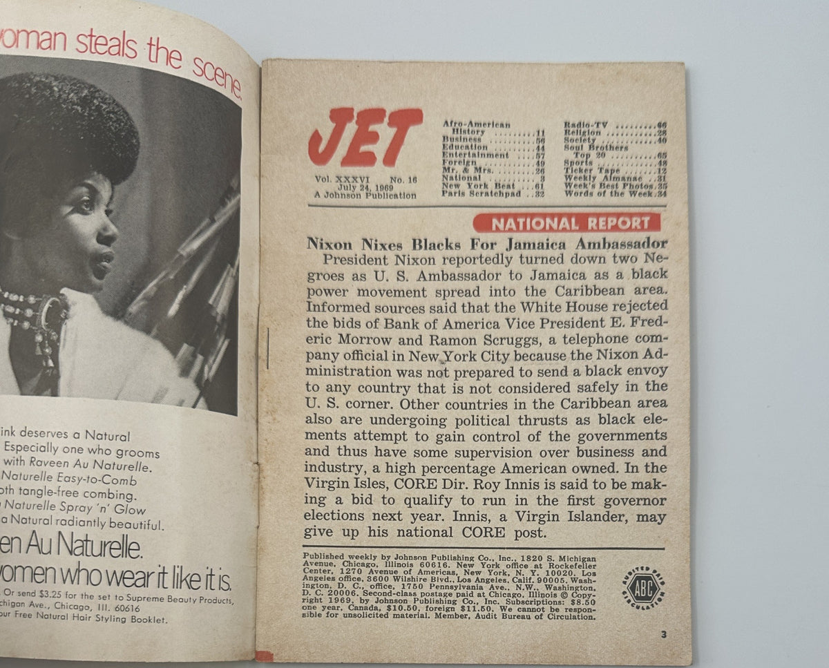 Inside page of Jet Magazine July 24, 1969, detailing a national report about President Nixon and his stance on Black Americans, along with content related to the Caribbean and politics.
