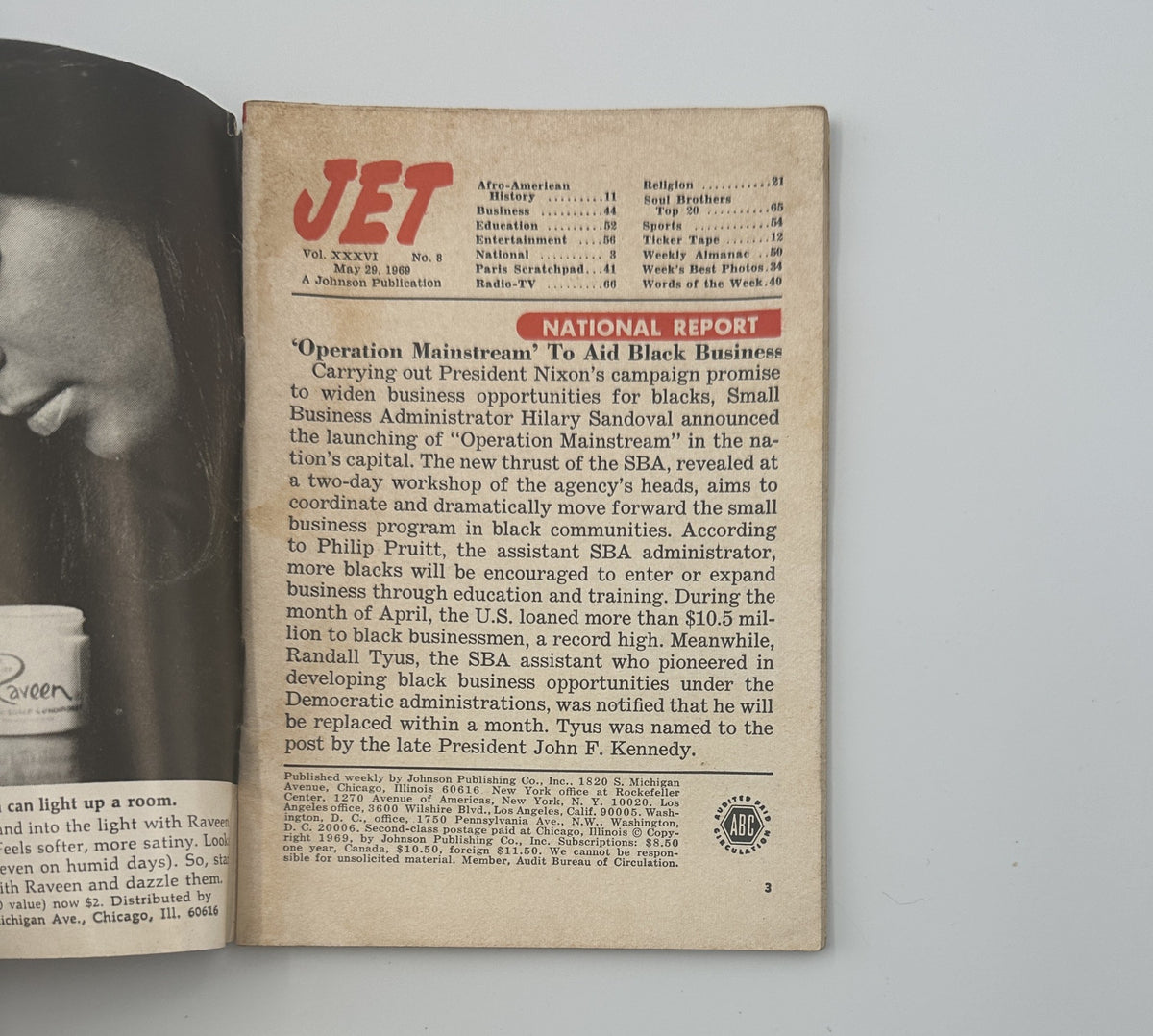 Interior page of Jet Magazine May 29, 1969, detailing a National Report on the initiative 'Operation Mainstream' related to supporting Black businesses, including a mention of President Nixon's campaign promises.