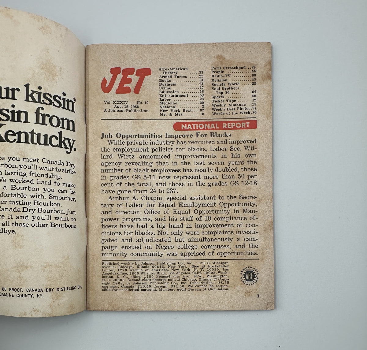 Inside page of Jet Magazine August 15, 1968, detailing job opportunities improving for Blacks with a report on workforce improvements.