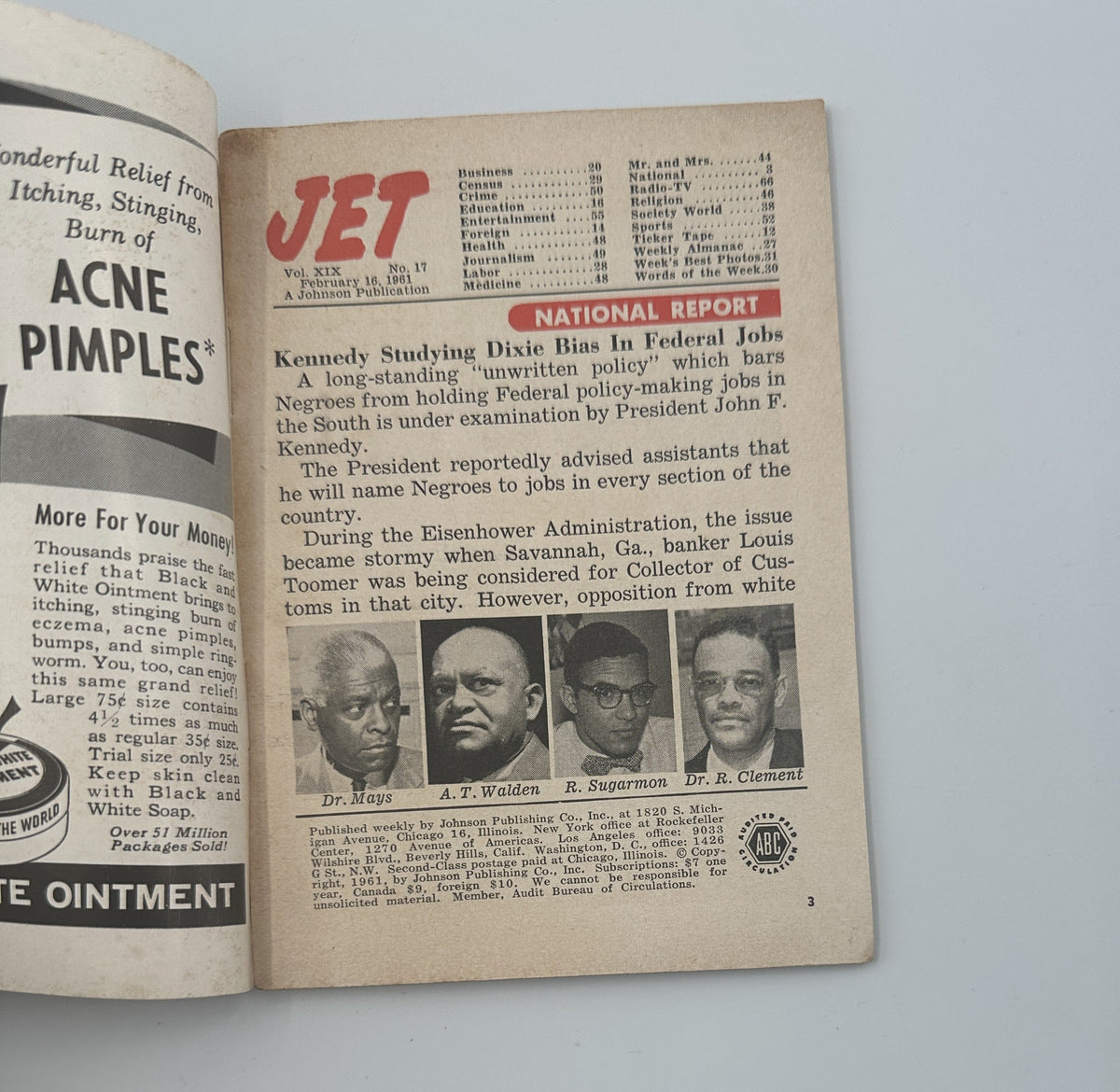Interior page from Jet Magazine February 16, 1961 featuring a National Report about President Kennedy studying Dixie bias in federal jobs with images of Dr. Mays, A.T. Walden, R. Suproms, and Dr. Clement.
