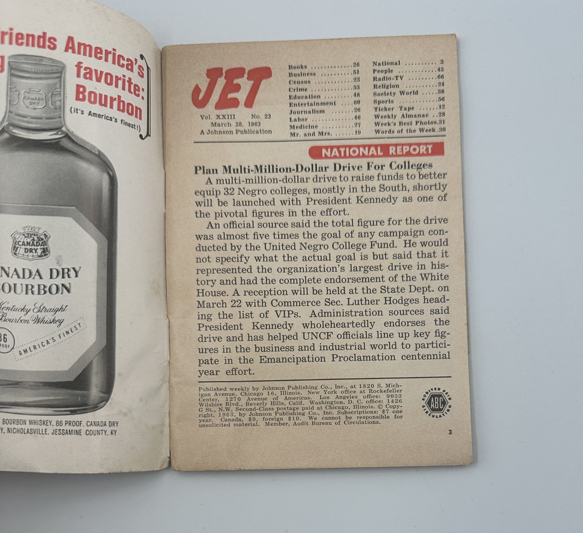 Interior page of Jet Magazine from March 28, 1963, featuring a national report on a multi-million dollar drive for colleges initiated by President Kennedy.