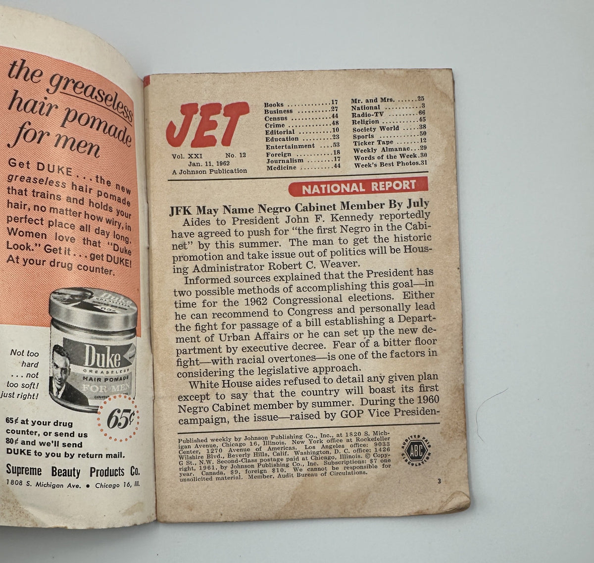Interior page of Jet Magazine from January 11, 1962, discussing JFK's potential Cabinet members and featuring a product advertisement. The page includes a table of contents with segments related to various topics such as business, crime, and education.