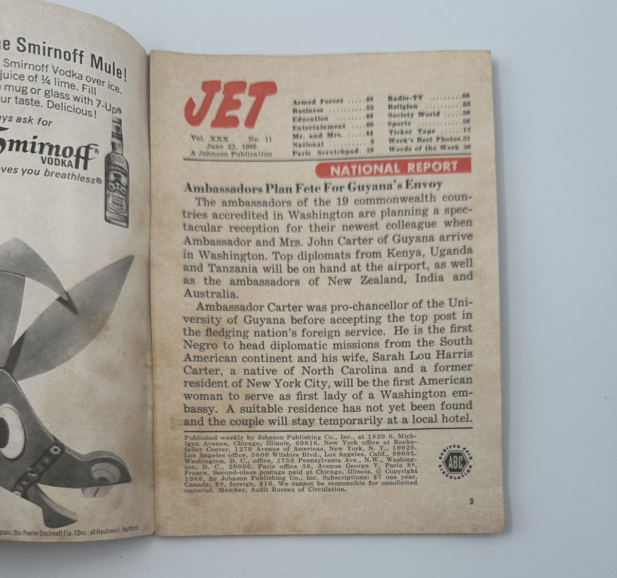 Inside page of Jet Magazine dated June 23, 1966, featuring the National Report section, discussing ambassadors and international relations.