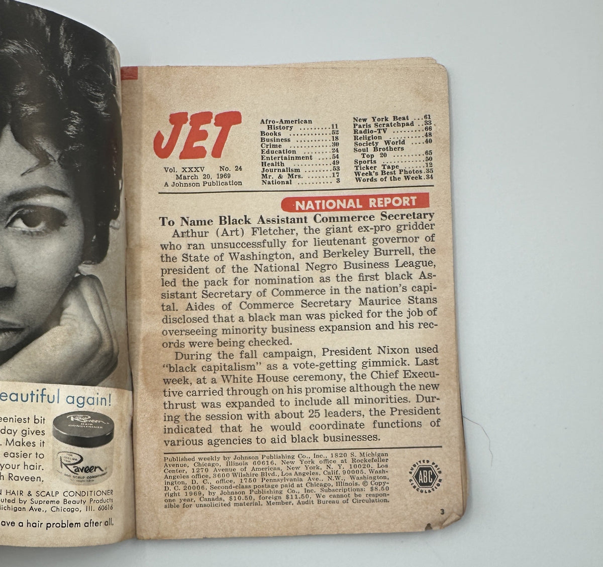 Inside page of Jet Magazine March 20, 1969 featuring a National Report about the appointment of Black Assistant Commerce Secretary, including significant historical context.
