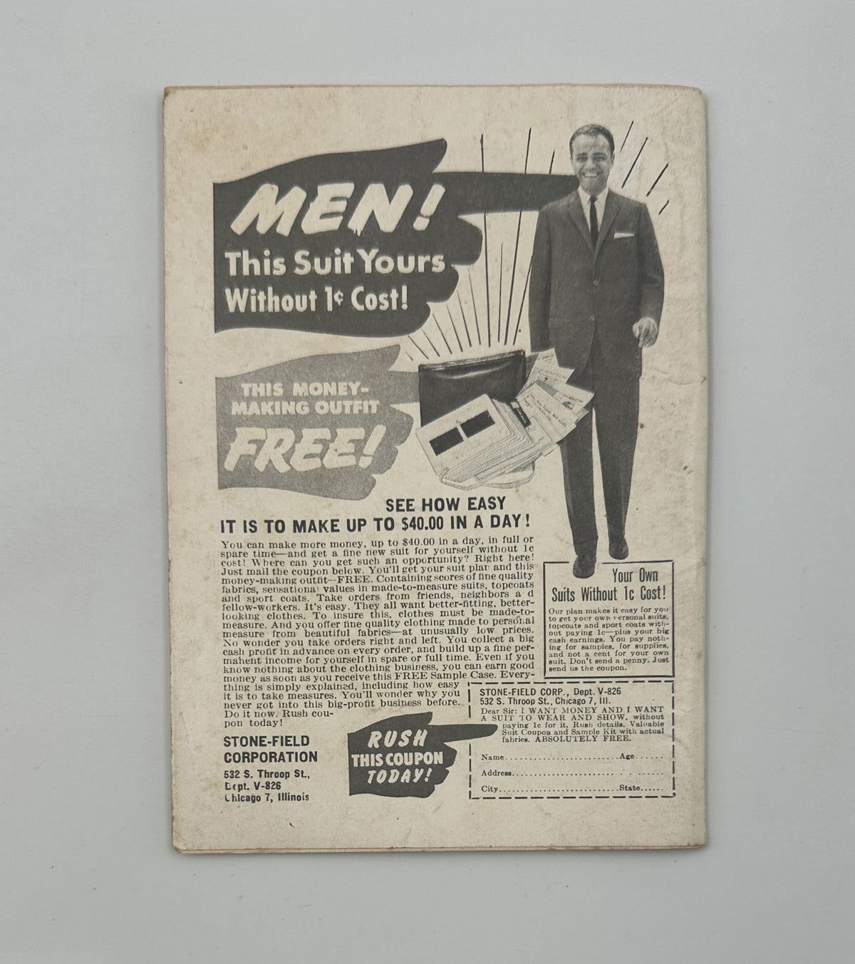 Back page advertisement from Jet Magazine August 31, 1961, promoting a money-making suit business opportunity.