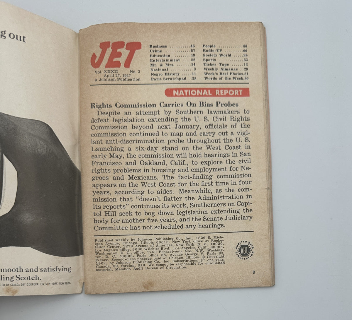 Inside page of Jet Magazine April 27, 1967, discussing the U.S. Civil Rights Commission and ongoing bias problems, part of the National Report section.