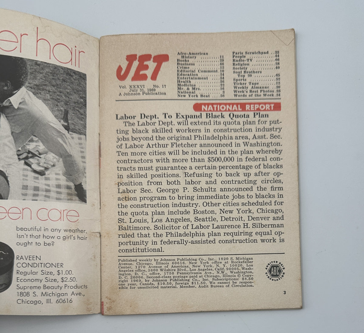 Jet Magazine July 31, 1969 featuring an article on the expansion of black quota plans in construction jobs. The page displays contents such as Afro-American History, Society, and Entertainment.