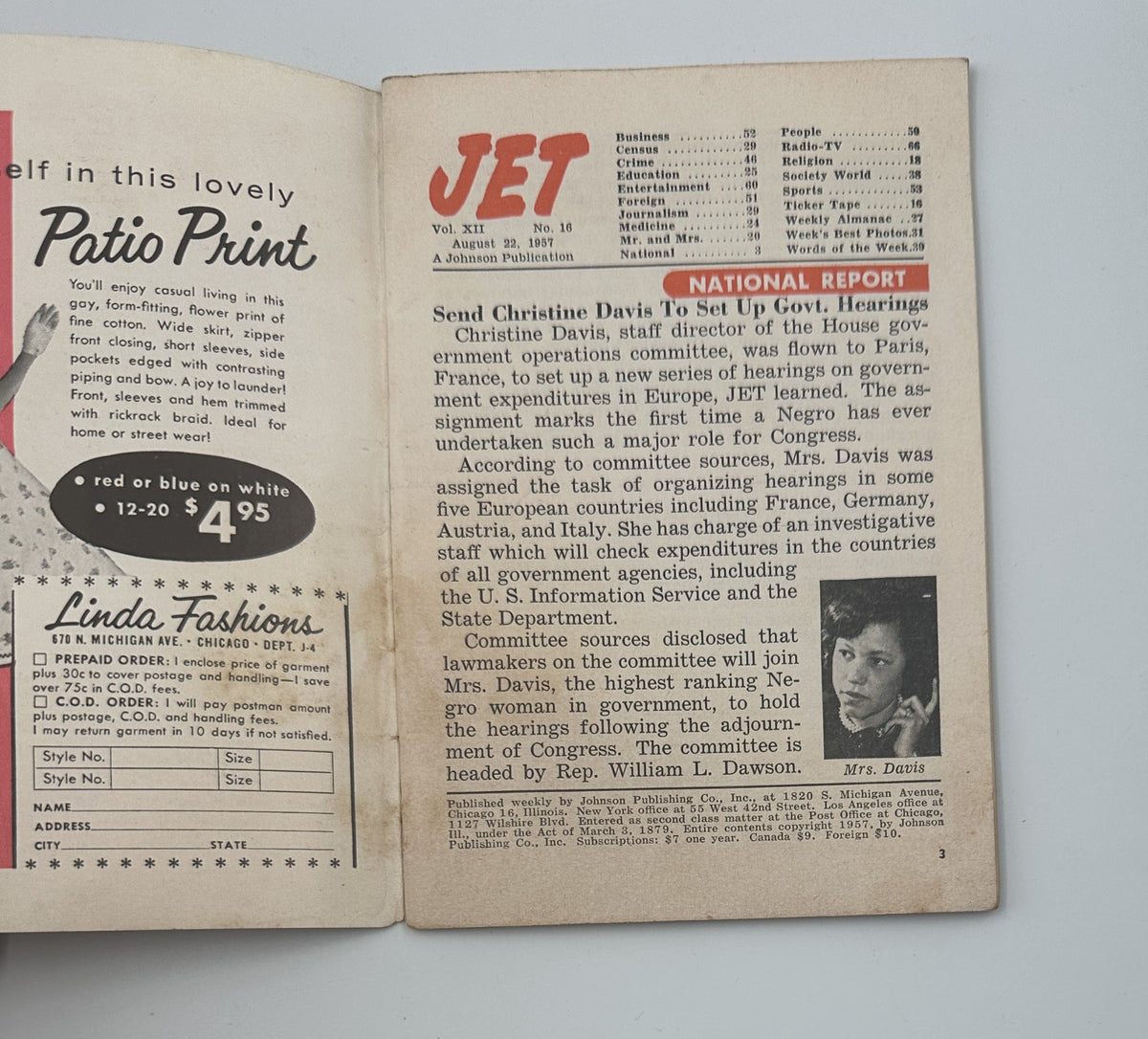 Inside page of Jet Magazine August 22, 1957, reporting on National Committee Hearings led by Christine Davis, detailing significant historical context.
