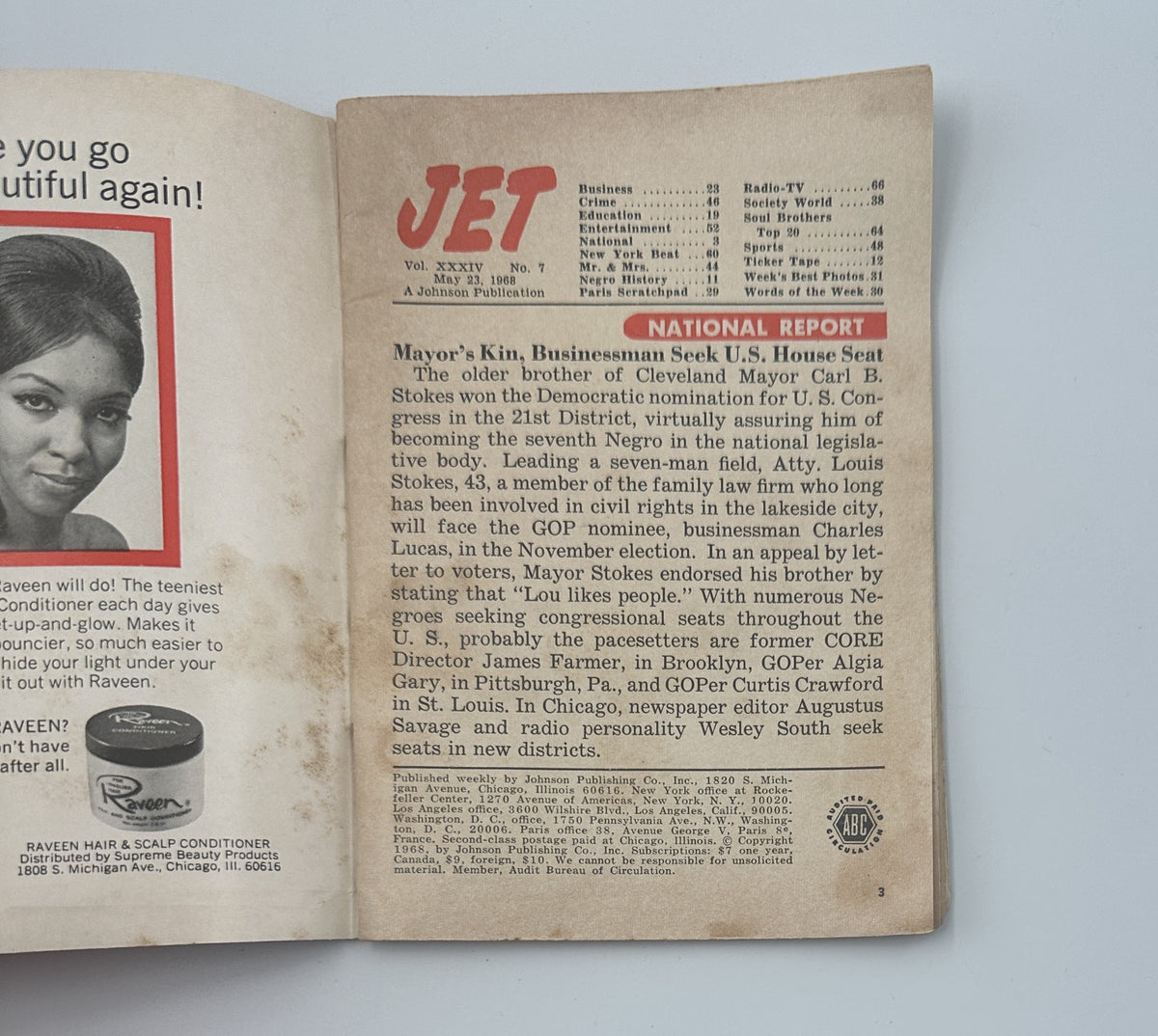 Interior page of Jet Magazine May 23, 1968, showcasing news on black voters, highlighting mayoral candidate Carl B. Stokes. The page includes articles related to national reports and social issues.