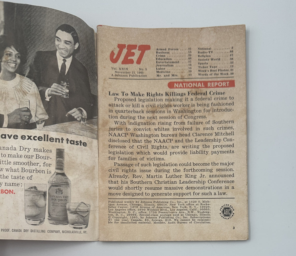 Inside page of Jet Magazine from November 11, 1965, discussing proposed legislation addressing federal crime in relation to civil rights, including mentions of key figures such as Clarence Mitchell and Martin Luther King Jr.