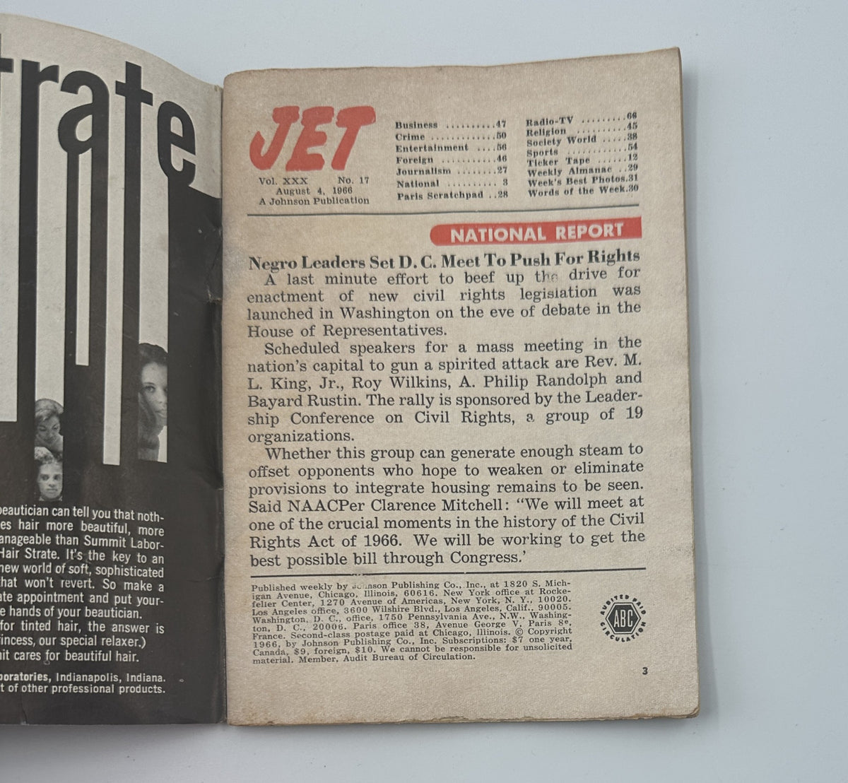 Inside page of Jet Magazine August 4, 1966 showing the National Report section with headlines about civil rights and prominent leaders, reflecting the magazine's socio-political context.