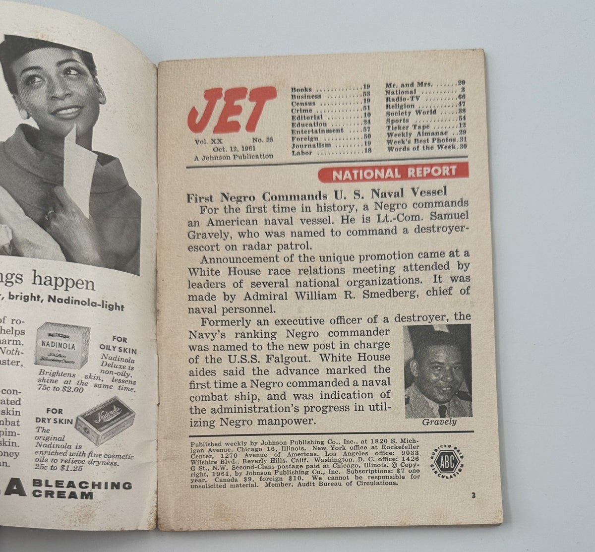 Inside page of Jet Magazine from October 12, 1961, showcasing a National Report about the first Negro to command a U.S. Naval vessel, Lt. Cmdr. Samuel Gravely, emphasizing notable achievements in African American history.