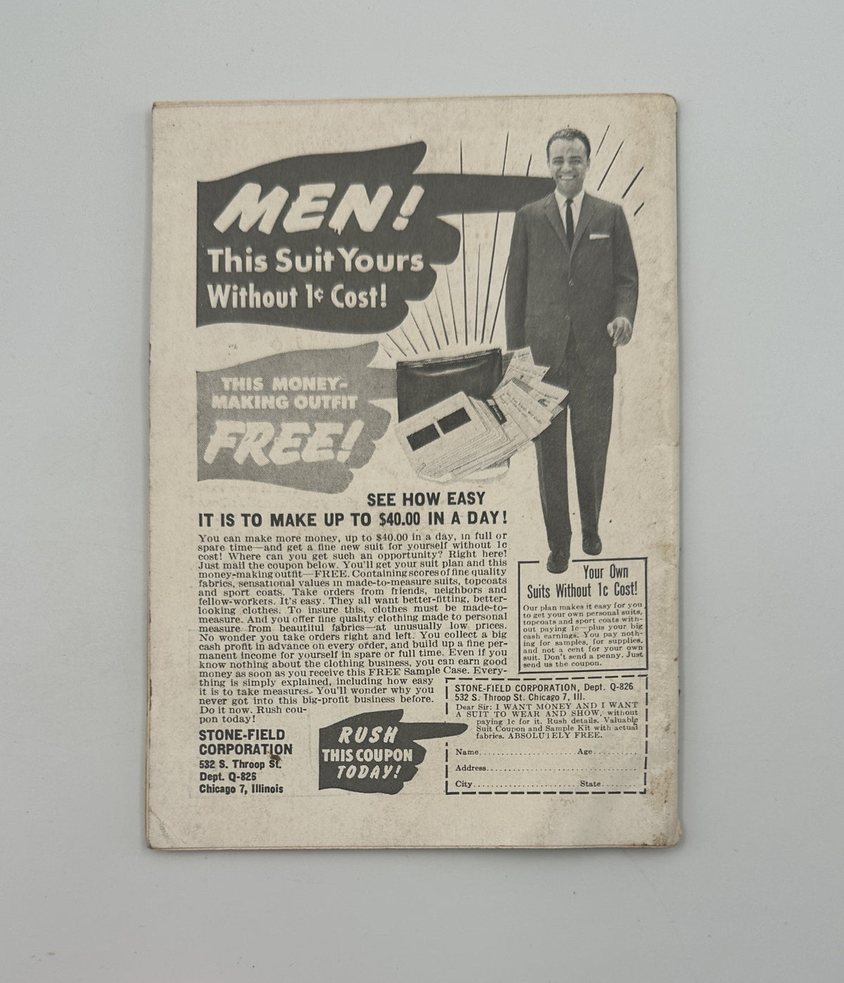 Back cover of Jet Magazine from October 12, 1961 featuring an advertisement for a men's suit offer, illustrating promotional marketing strategies of the era.