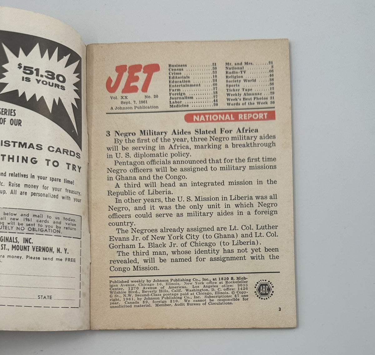 Inside page of Jet Magazine September 7, 1961 featuring articles on military aids for Africa, business topics, and various sections including society and education. The page highlights a national report and provides a detailed table of contents.