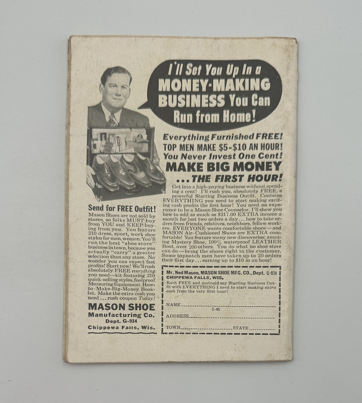 Back cover of Jet Magazine September 7, 1961 advertising a home-based money-making business opportunity. The advertisement promotes a free outfit and emphasizes potential earnings of $5-$10 an hour, encouraging individuals to start their own business.