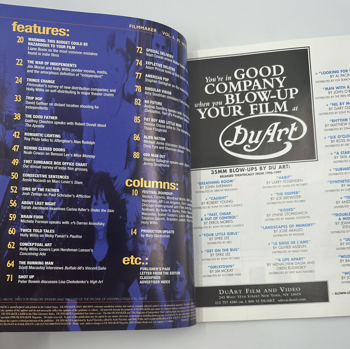 Inside spread of Filmmaker Magazine Winter 1998 showcasing the features and columns, including entries like 'THE GOOD FATHER' and 'Festival Roundup'.