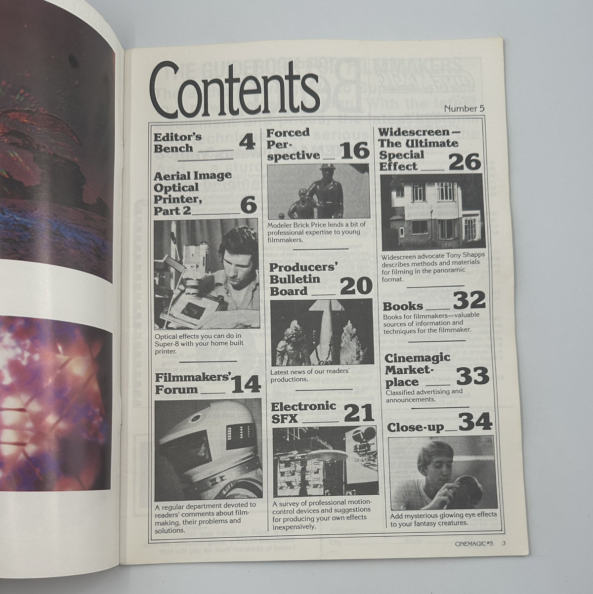 Interior page of Cinemagic Magazine No. 5 showcasing the table of contents, highlighting articles on filmmaking techniques and special effects.