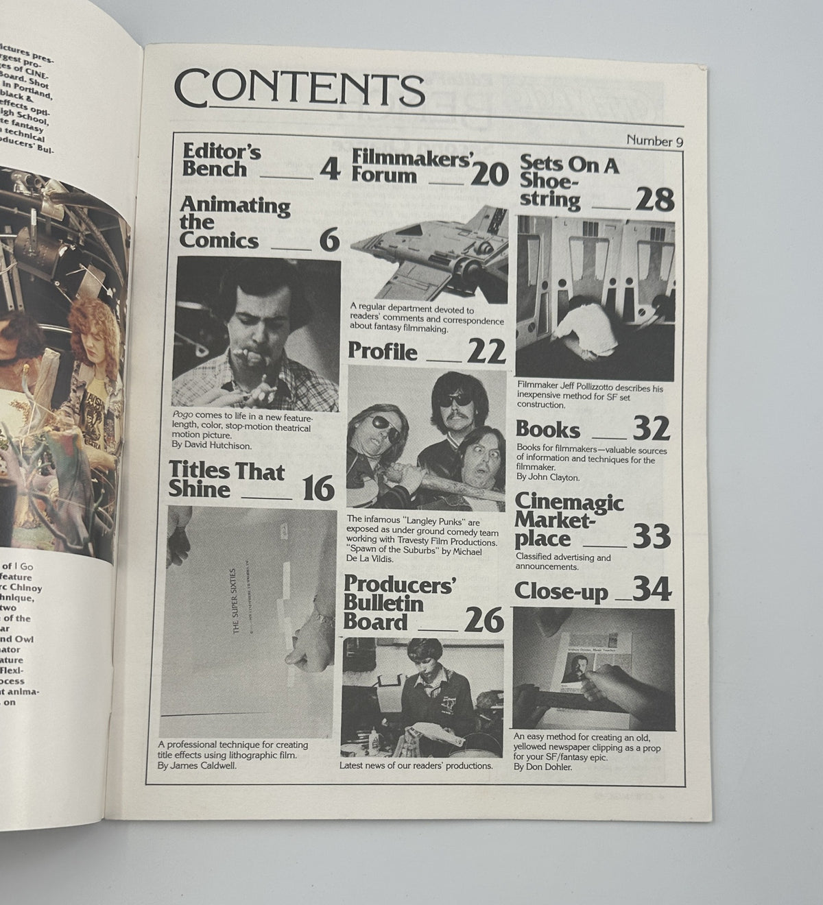 Table of contents page from Cinemagic Magazine No. 9, listing featured articles including 'Animating the Comics' and 'Profile of the Langley Punks', with detailed descriptions alongside page numbers.