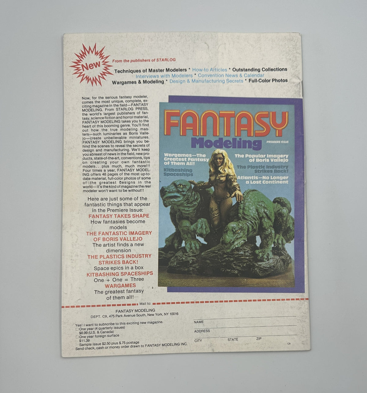 Back cover of Cinemagic Magazine No. 9 highlighting advertisements and information about 'Fantasy Modeling', promoting the latest techniques in model making for enthusiasts.