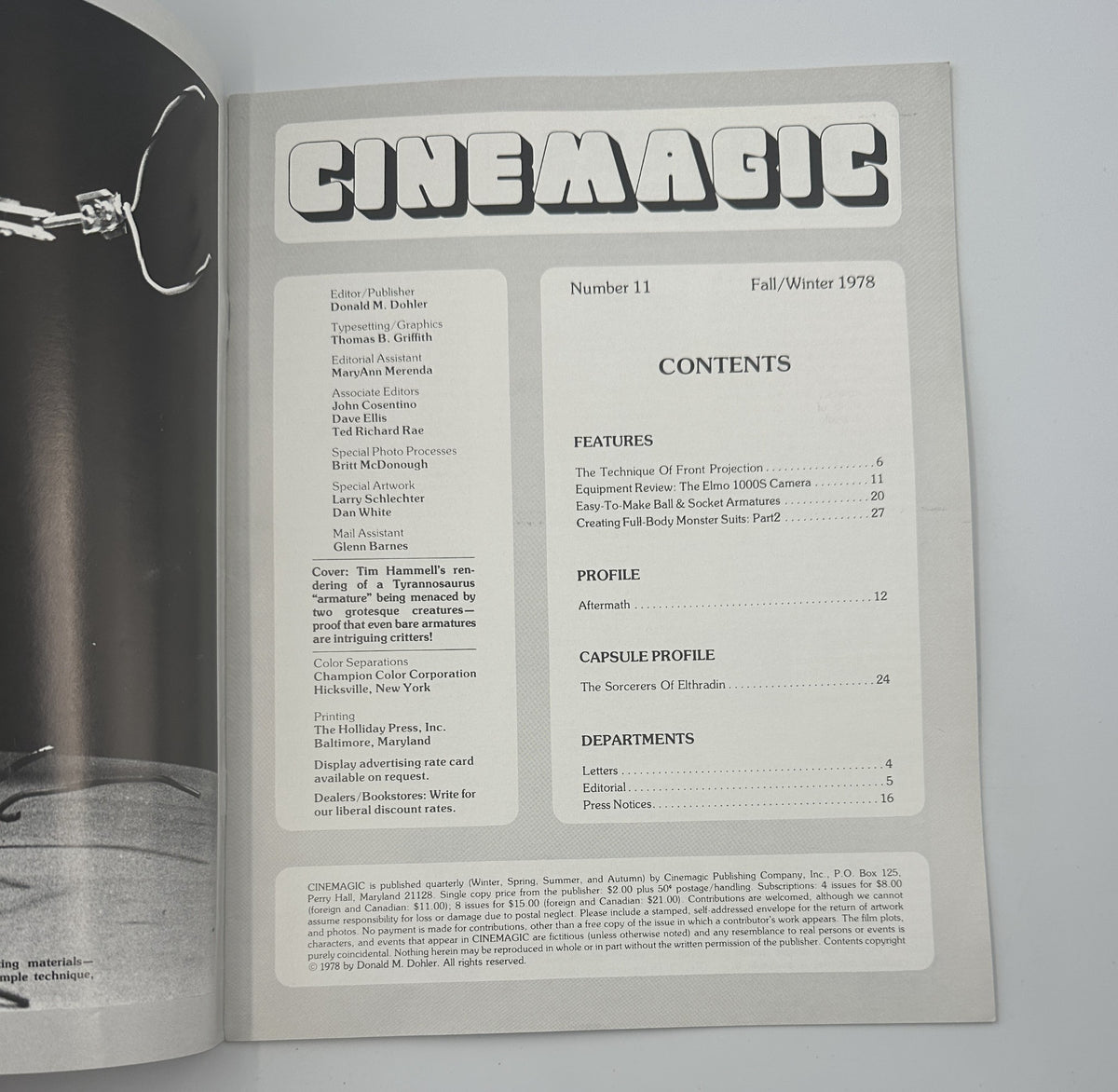 Inside view of Cinemagic Magazine Fall/Winter 1978 No. 11 displaying the Table of Contents including features on front projection techniques and easy-to-make ball and socket armatures.