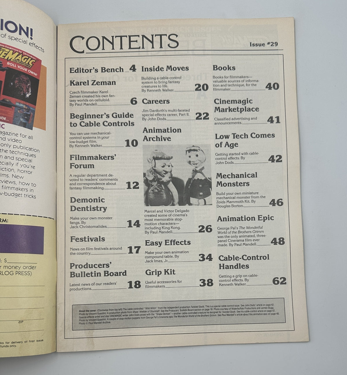 Table of contents page from Cinemagic Magazine Spring No. 29, detailing articles such as Editor’s Bench, Beginner’s Guide to Cable Controls, and Animation Archive.