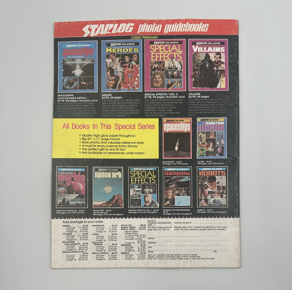 Back cover of Cinemagic Magazine No. 7 showcasing Starlog photo guidebooks available for order.