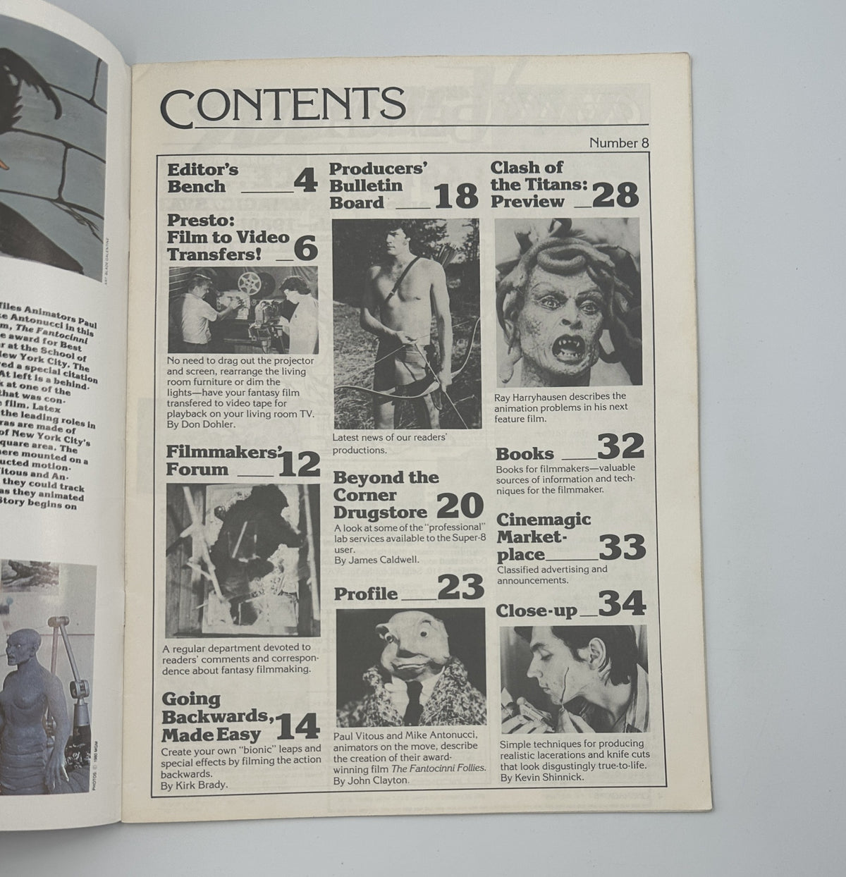 Table of contents from CineMagic Magazine No.8 featuring Ray Harryhausen's Clash of the Titans, showcasing articles and highlights on filmmaking techniques, including animation challenges and equipment advice.